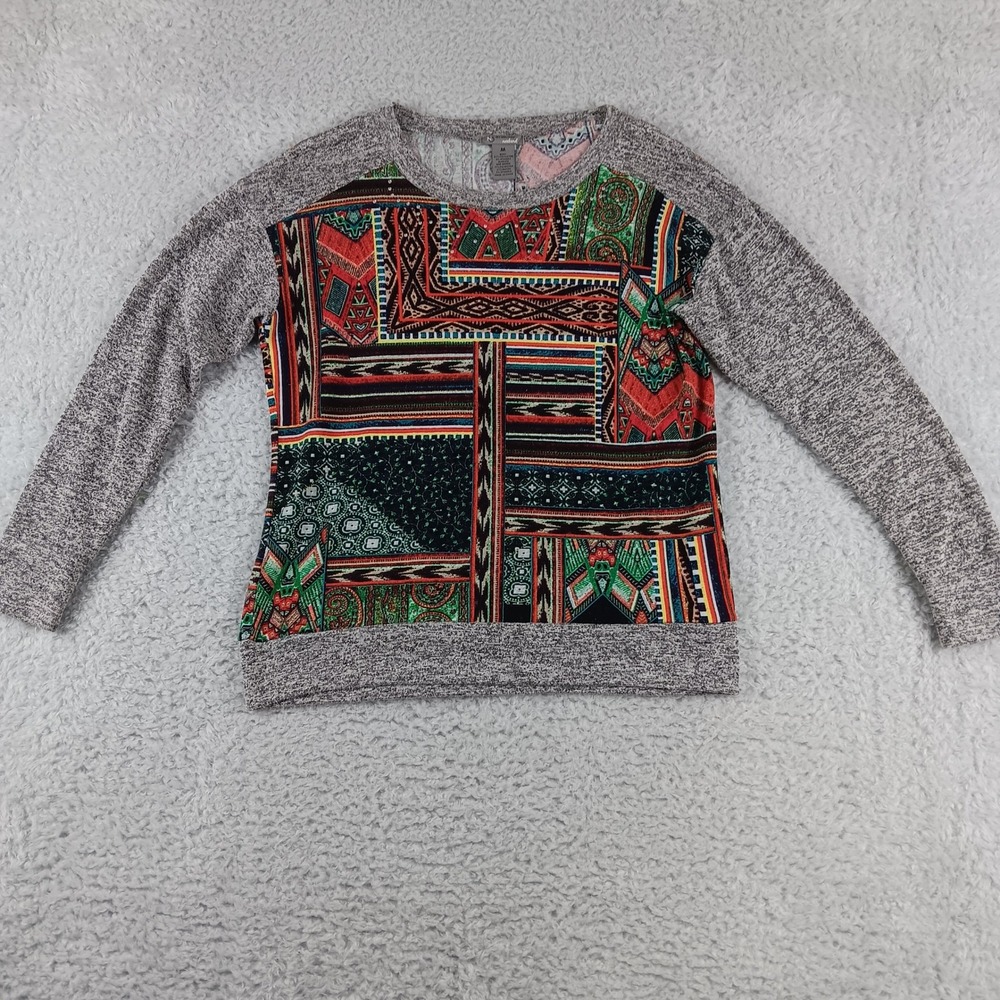 New‎ Directions Weekend Womens Medium Patchwork Rhinestone Mixed Media Top Grey